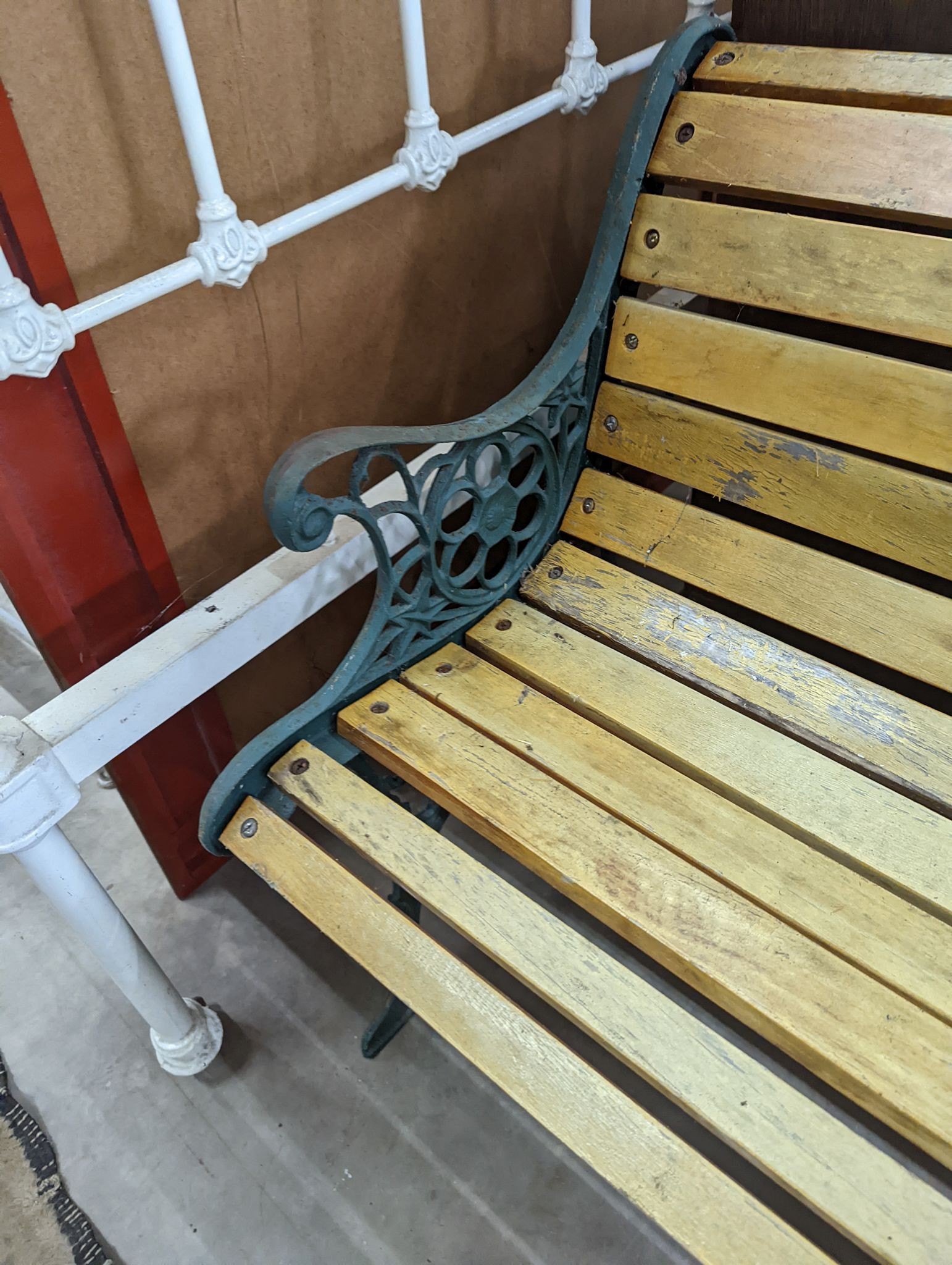 A Victorian style painted aluminium slatted garden bench, length 127cm, depth 60cm, height 70cm